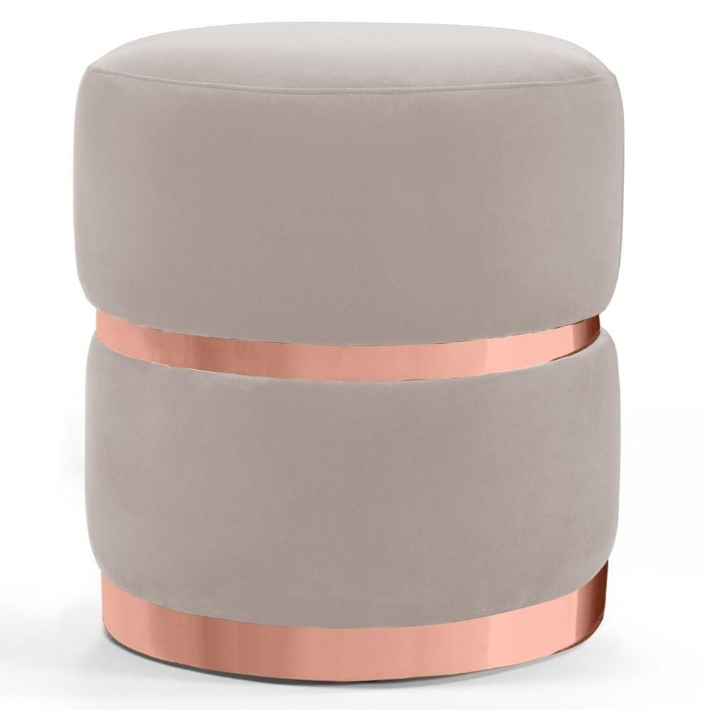 Puff Decorativo Com Cinto e Aro Rosê Round C-309 Veludo Bege Claro - Domi