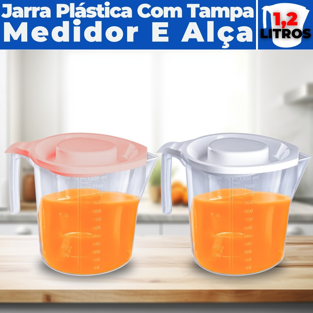 Jarra de Suco Água Refri Tampa Alça Medidas Plástico 1,2 L