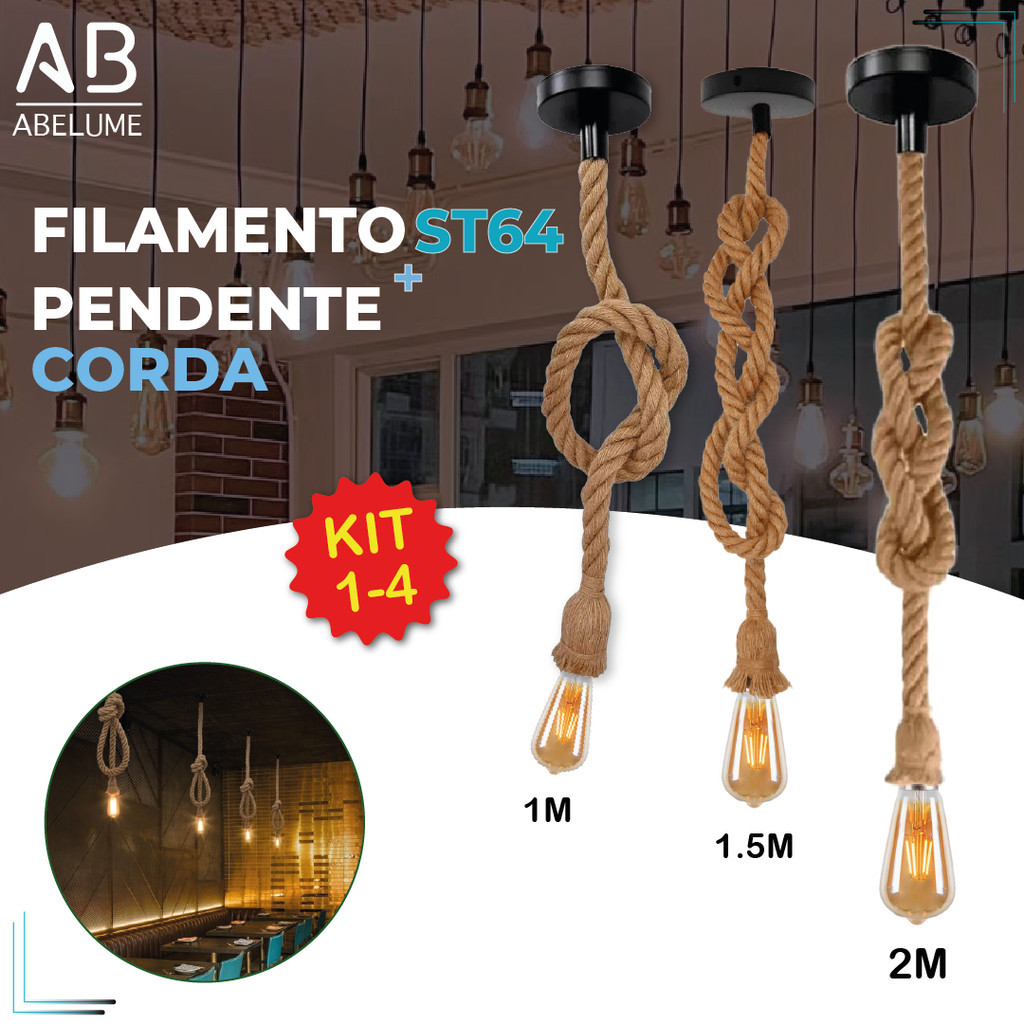 Pendente Corda 2M + Filamento Led St64 4W Retro Vintage Rústico Sisal E27 Luz Quente Bivolt 110-220V em Oferta na Shopee