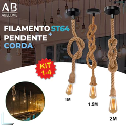 Pendente Corda 2M + Filamento Led St64 4W Retro Vintage Rústico Sisal E27 Luz Quente Bivolt 110-220V