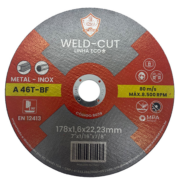 Disco de Corte 7" para Aço Carbono e Inox 180 x 1,6 x 22,23mm SC Weld ECO 8039 em Oferta na Shopee