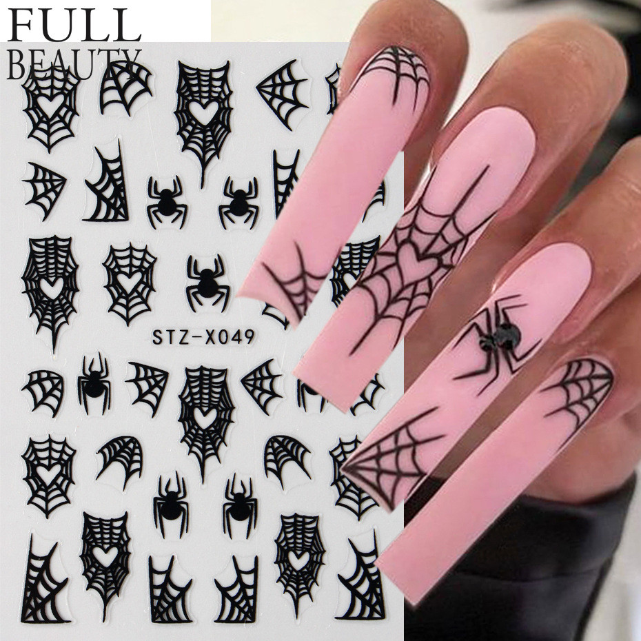 Decalques de Manicure Ins Halloween Dark Style Love Spider Web Adesivos para unhas de morcego aranha