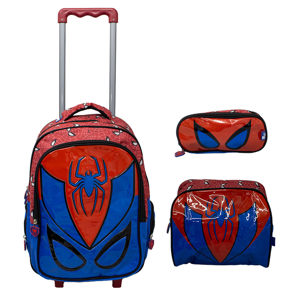 Kit Mochila Escolar Infantil de Rodinhas com Lancheira e Estojo Yins em Pvc 3d Kids Spider Vermelho