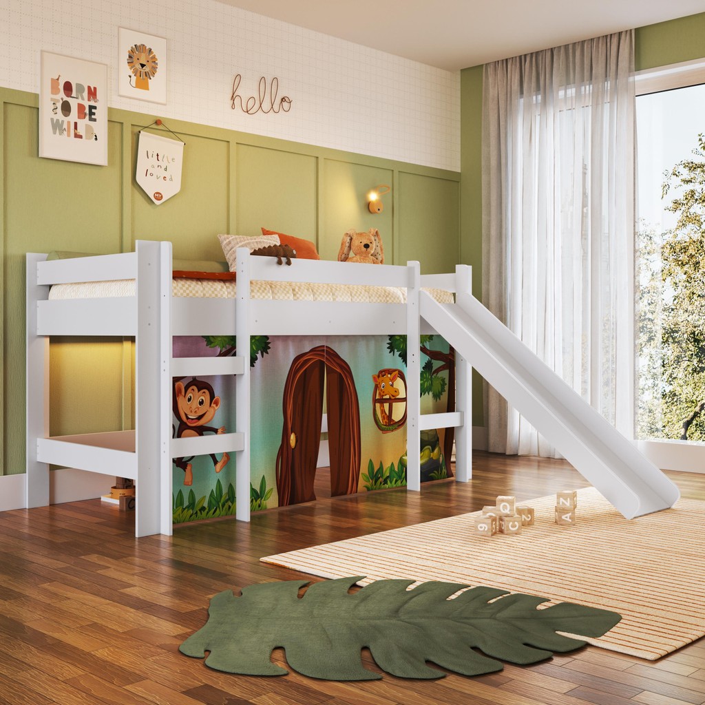 Cama Infantil Elevada Menino Menina Solteiro 202cm com Degrau Escorregador Branca com Estampada Zoo - Home & Living