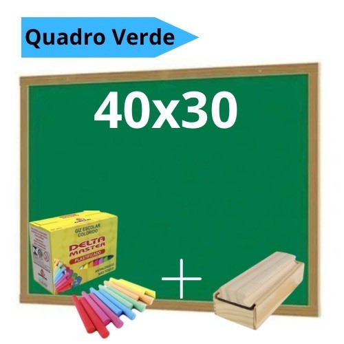 Lousa Quadro Verde Escolar 40x30 + Apagador com Depósito + 10 giz Stalo