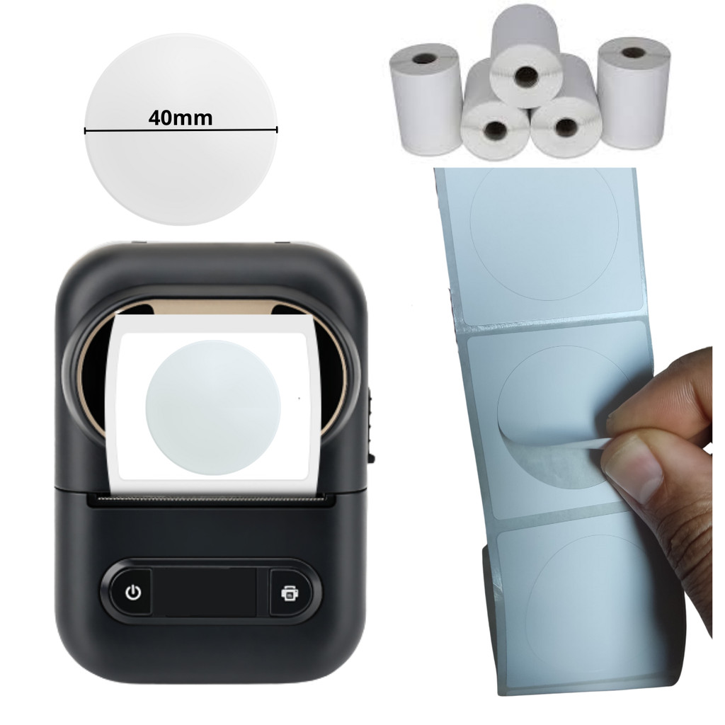 IMPRESSORA BLUETOOTH + 5 ROLO DE ETIQUETA 40X40 REDONDA em Oferta na Shopee