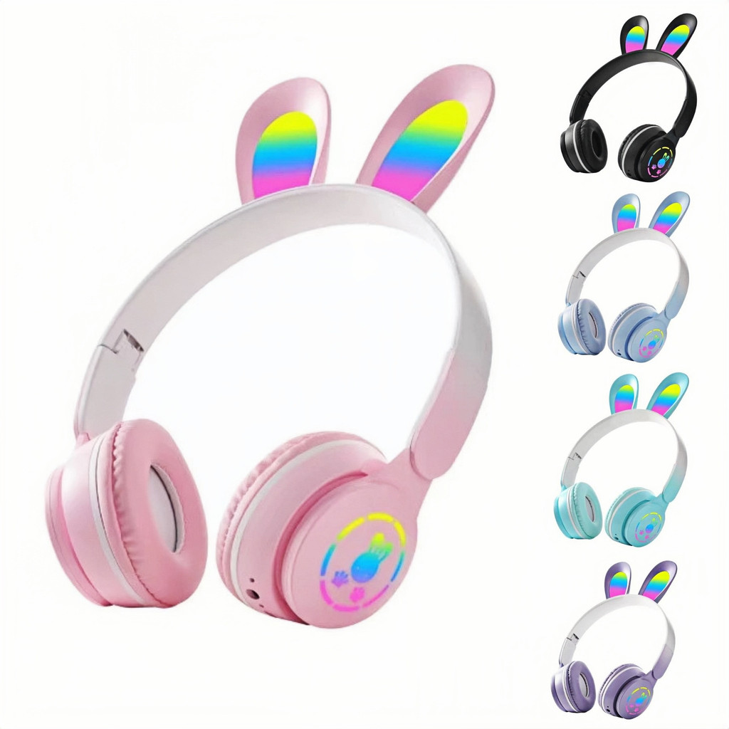 Fone de Ouvido Bluetooth 5.3 Sem Fio Com Redução de Ruído Orelhas de Coelho Led Rgb