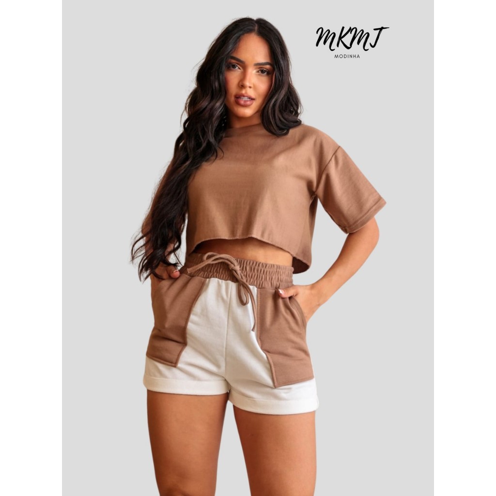conjunto moletinho feminino camiseta cropped short moletom leve em Oferta na Shopee