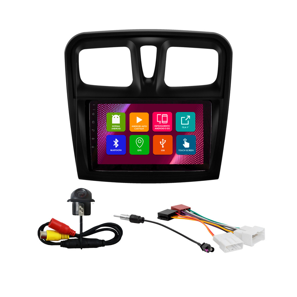 Kit Multimídia 9 Pol Sandero Logan 2015 2016 2017 2018 Android 2Gb Ram 32Gb Flash Quad-Core 2 Din Preto Wifi Gps