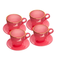 Kit 4 Xícaras Milky de Vidro com Fio de Ouro e Pires Rosa 170ml - Wolff
