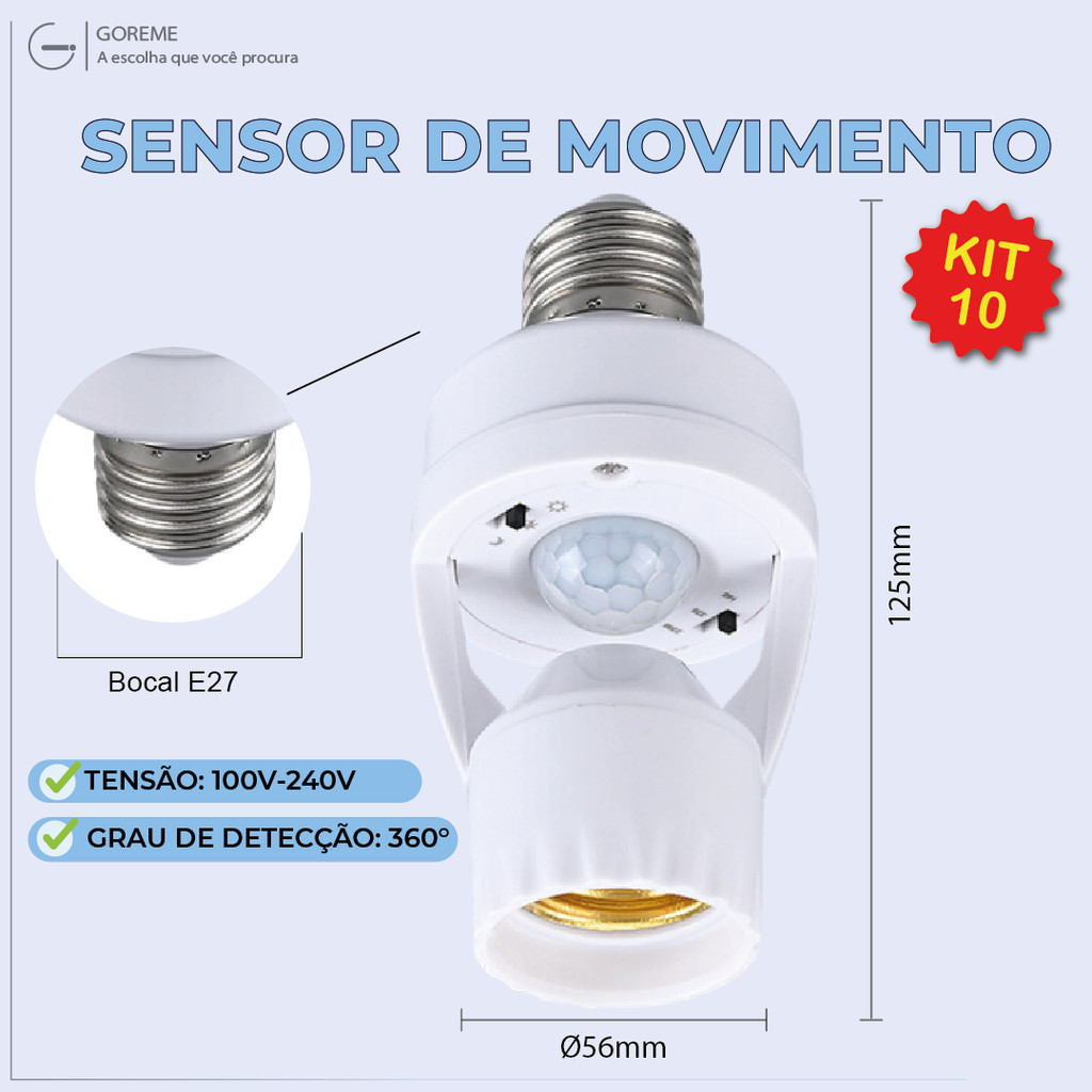 Kit 10 Sensor de Movimento para lâmpada Soquete E27 c/ sensor de presença Bivolt 110V~220V Max 60W em Oferta na Shopee