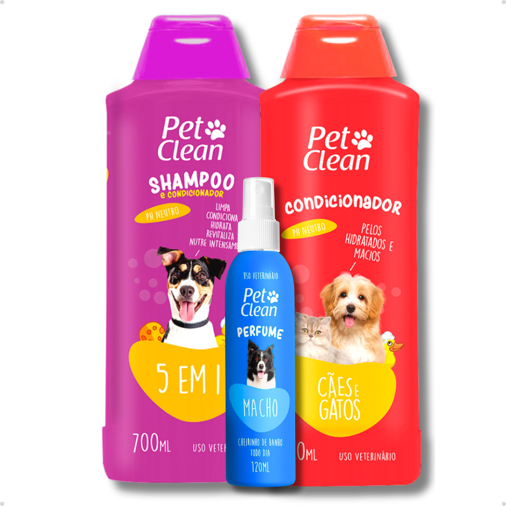 Kit Banho Shampoo 5 em 1, Creme Condicionador de Pelos e Perfume para Cachorro e Gato Pet Clean - Pets
