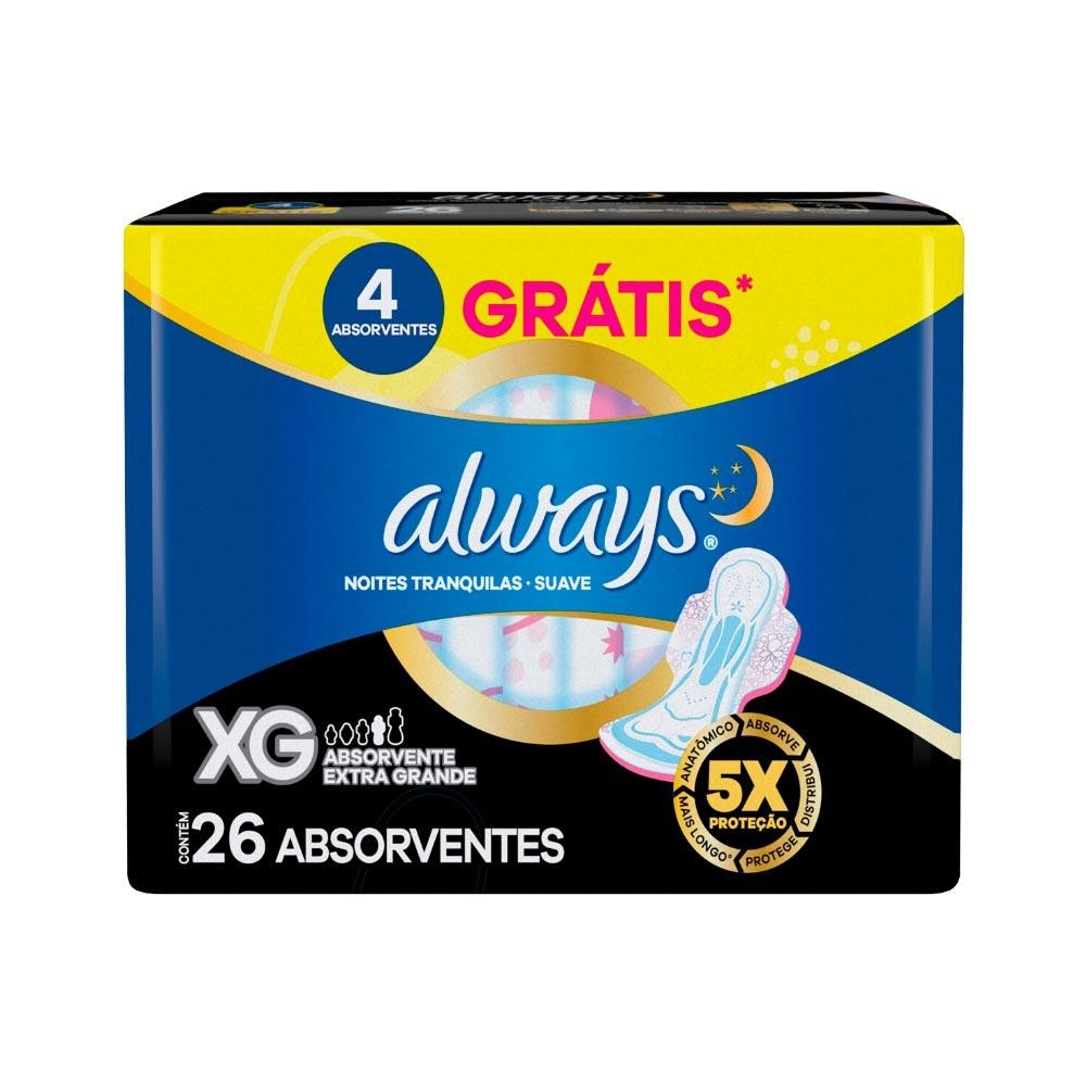 Absorvente Always Noites Tranquilas com 26 Suave com Abas Xg 4 Grátis - Health