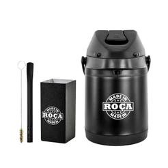 Kit Tereré Garrafa Térmica 2.5l Preta Bomba Grid Preta Copo Quadrado Inox Preto