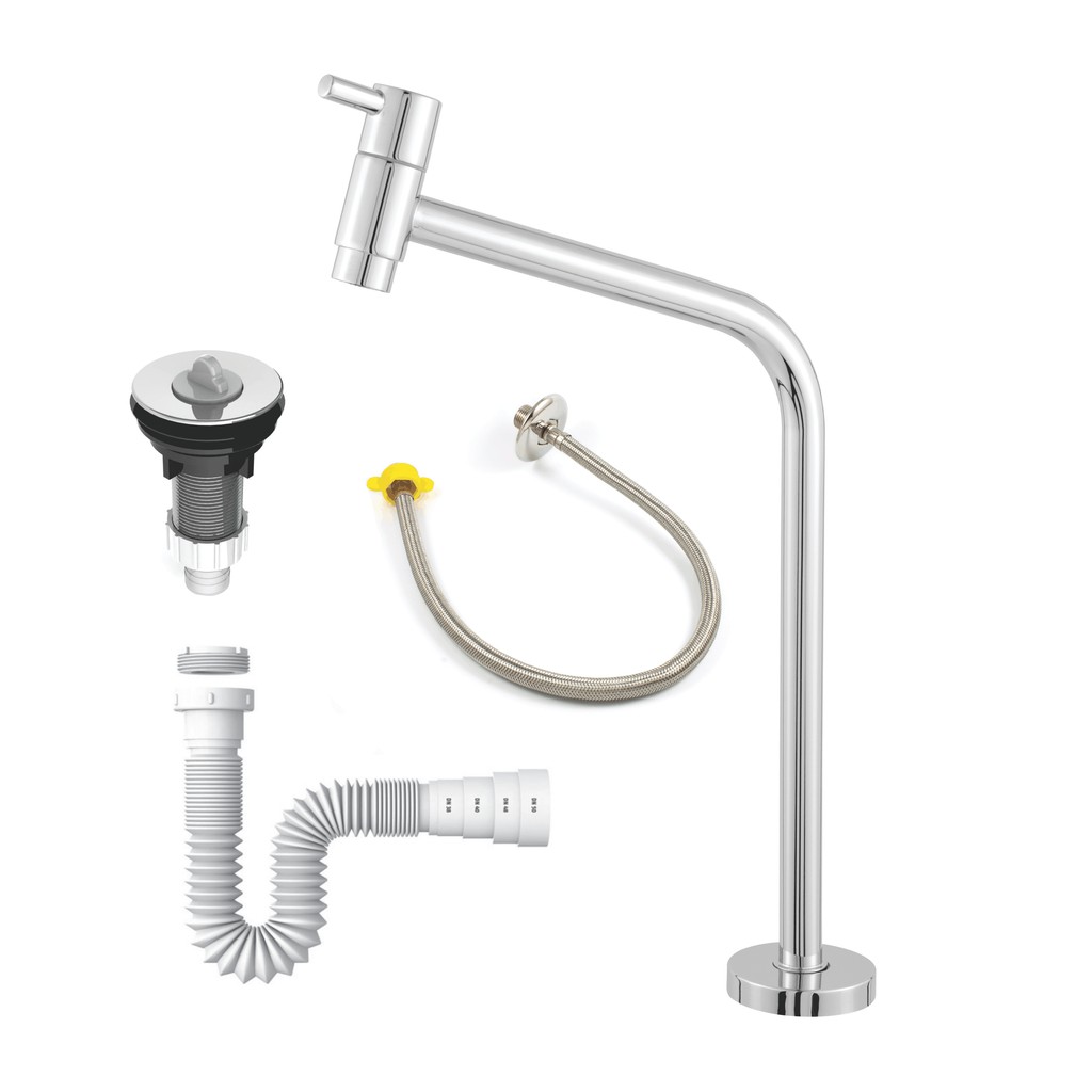 Kit Lavatório Torneira Metal Link Alta Cromada + Sifão Universal + Engate Inox 60cm + Válvula Cromada