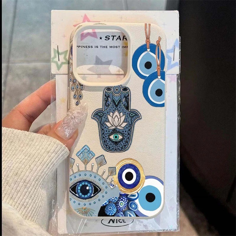 Vintage Azul Olhos Padrão Caso De Telefone Para iPhone 16 15 14 13 12 11 Pro Max Plus 16E XR XS Couro Capa Macia