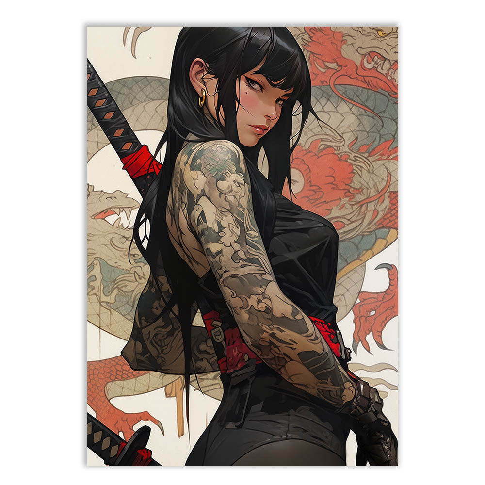 Placa Decorativa Garota Anime Sexy Tattoo Ilustração Katana Decoração Poster Quarto Sala