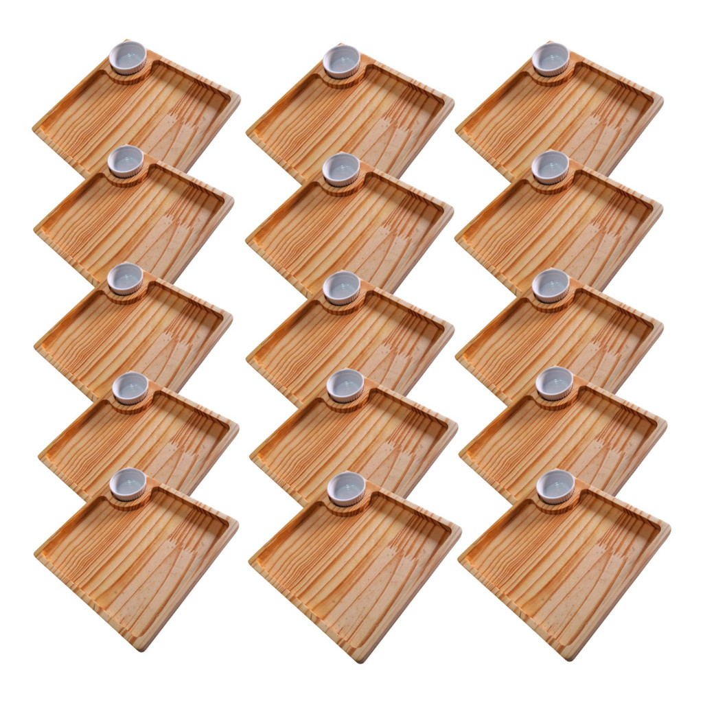 Kit 15 Petisqueiras Quadradas Madeira Petiscos Com Ramekim