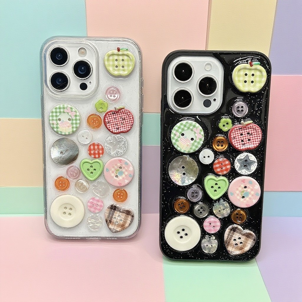 Moda Epóxi macaron Cor-Bloco Botão Caixa De Telefone Para iPhone 16 15 14 13 11 12 Pro Max Capa em Oferta na Shopee