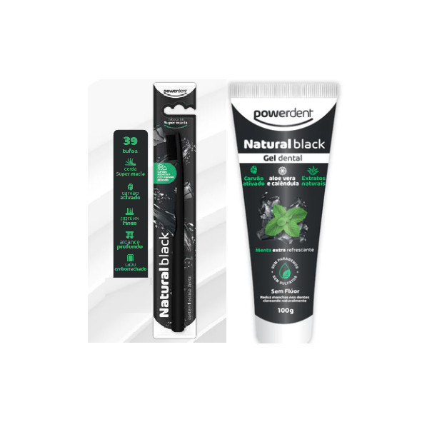 Kit Natural Black Escova Dental com carvão ativado + Gel Dental Natural Black 100g PowerDent