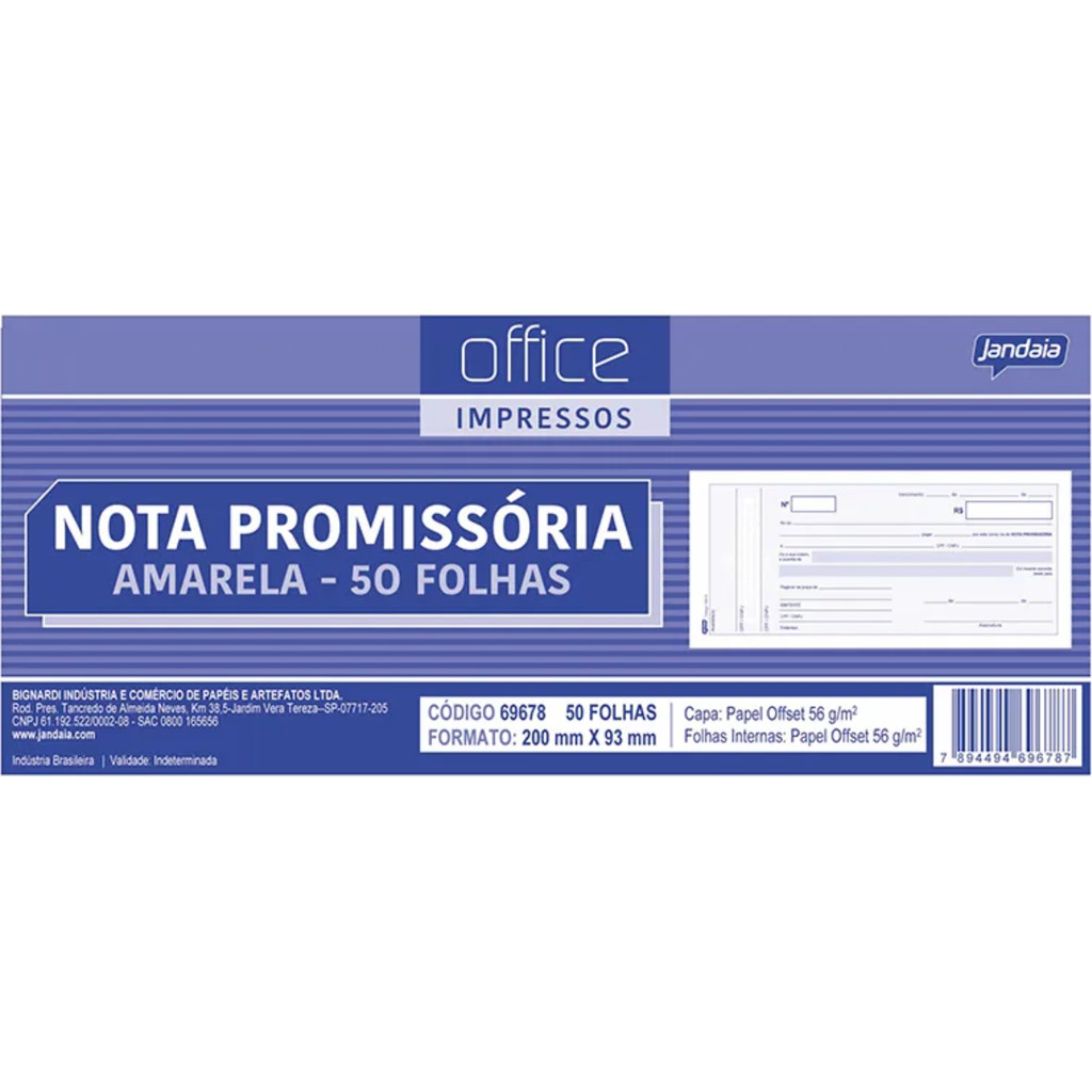 Nota Promissória 200x93mm 1via 50 Folhas Jandaia - Pacote Com 20 unidades