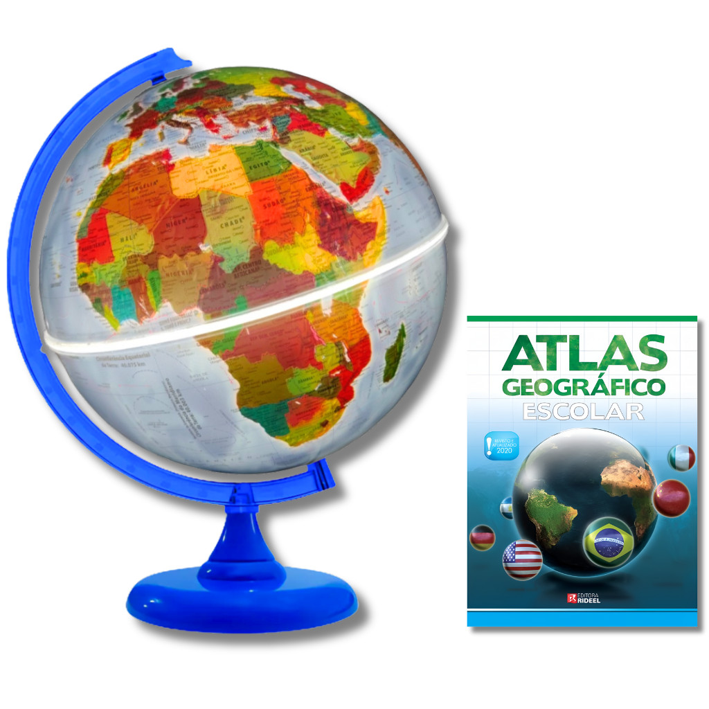 Globo Terrestre Físico Político Luminoso Base Azul 30cm + Atlas Geográfico