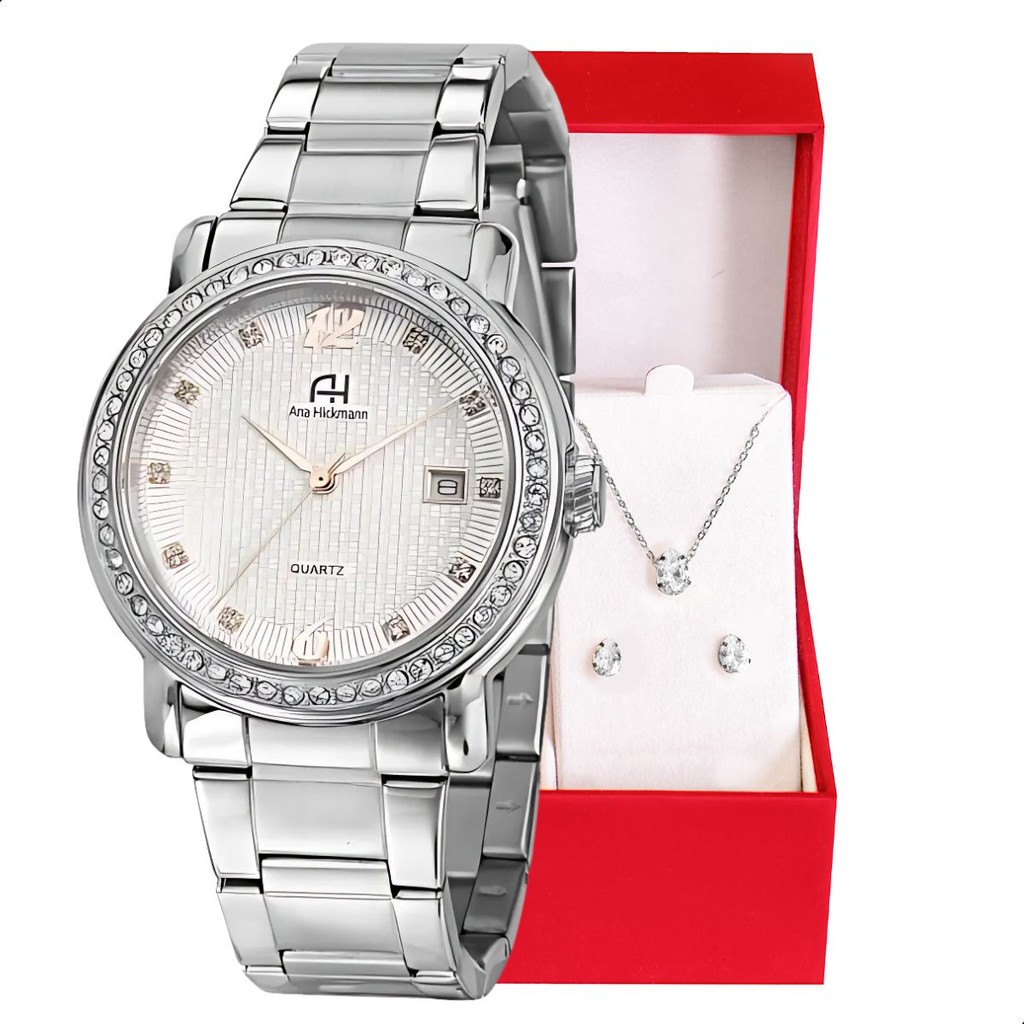 Relógio Champion Ana Hickmann Analógico Aço Prata Prova D'Água AH28615Q Kit Colar e Brincos