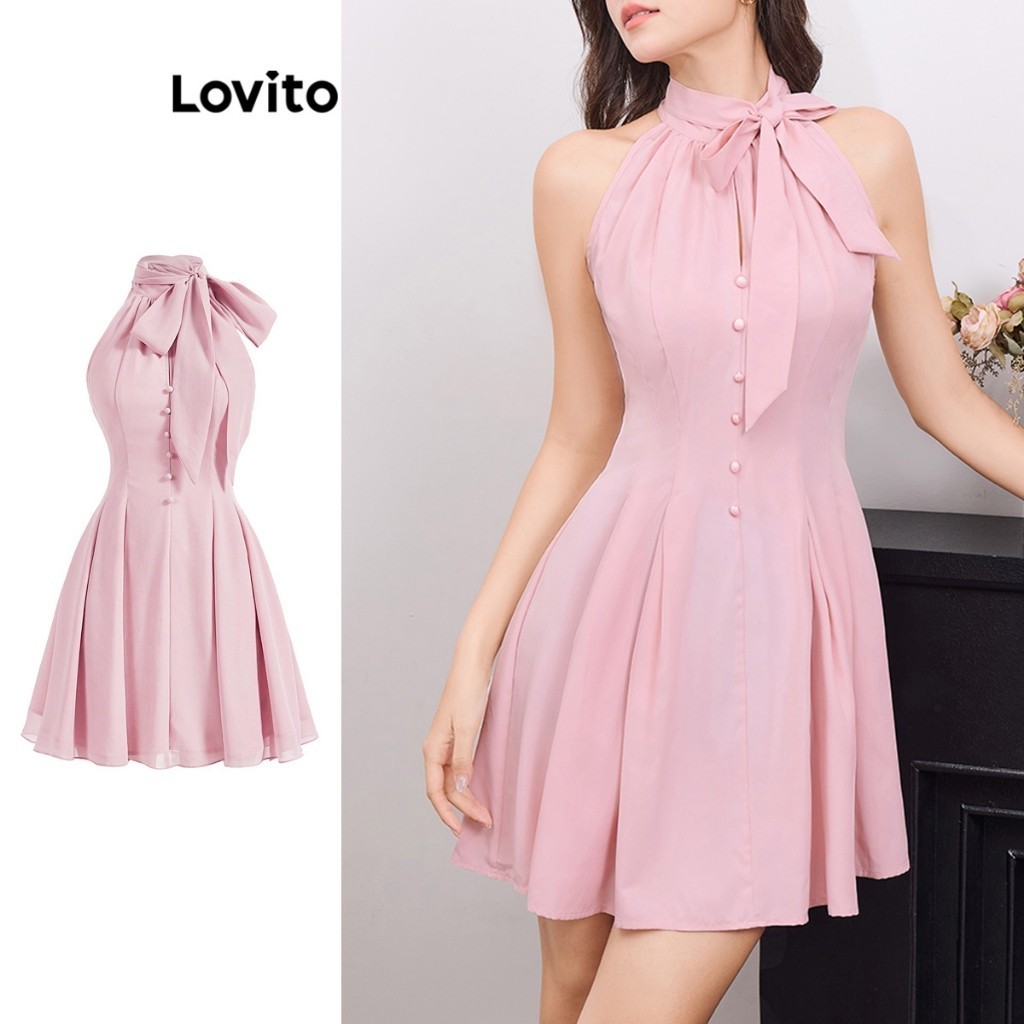 (Trendy) Lovito Vestido Elegante Com Gravata Lisa E Botão Frontal E Bainha Com Babados Para Mulheres L109MD529 - Women Clothes