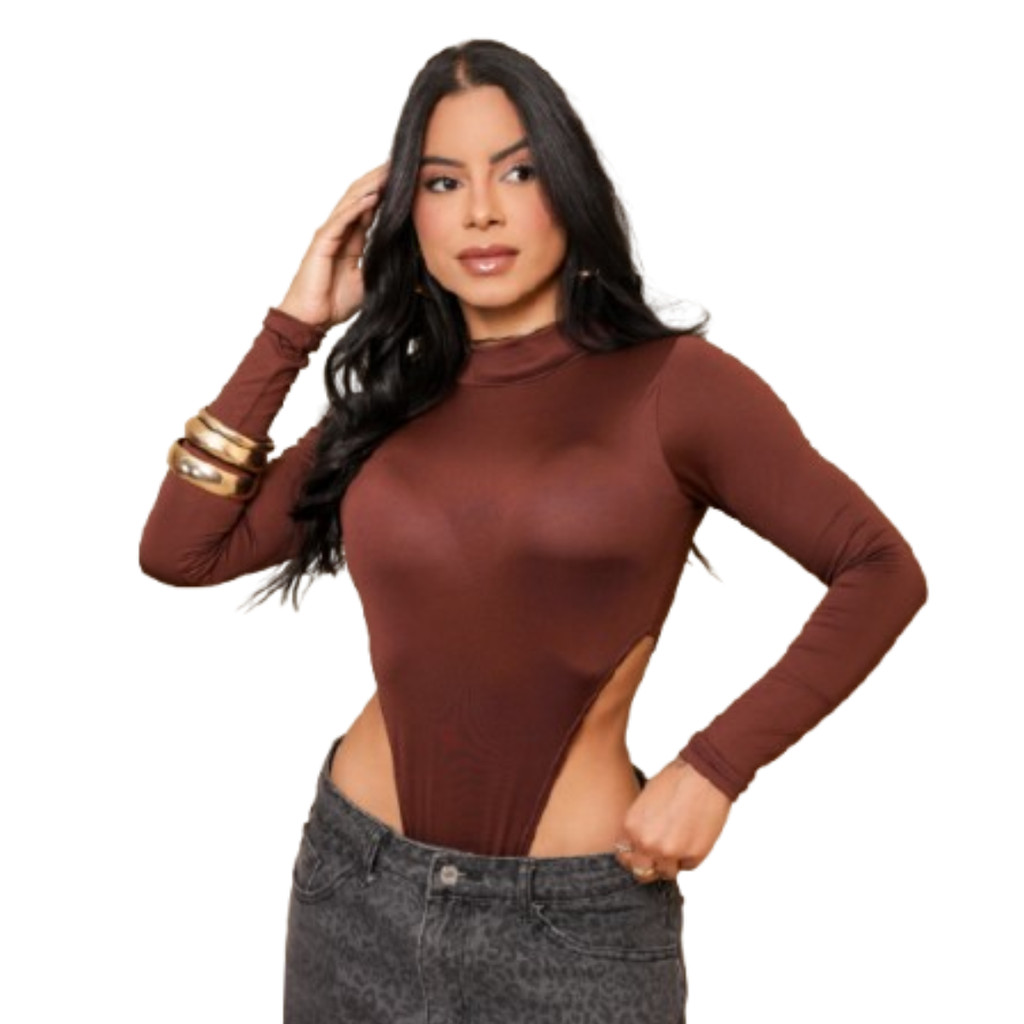Body Cavado Ousadia Marrom Manga Longa Gola Alta Moda Gringa