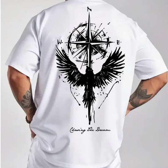 Camiseta Oversized Masculina Aguia Bússola Geometrica Algodão Larga Streetwear Vintage Casual