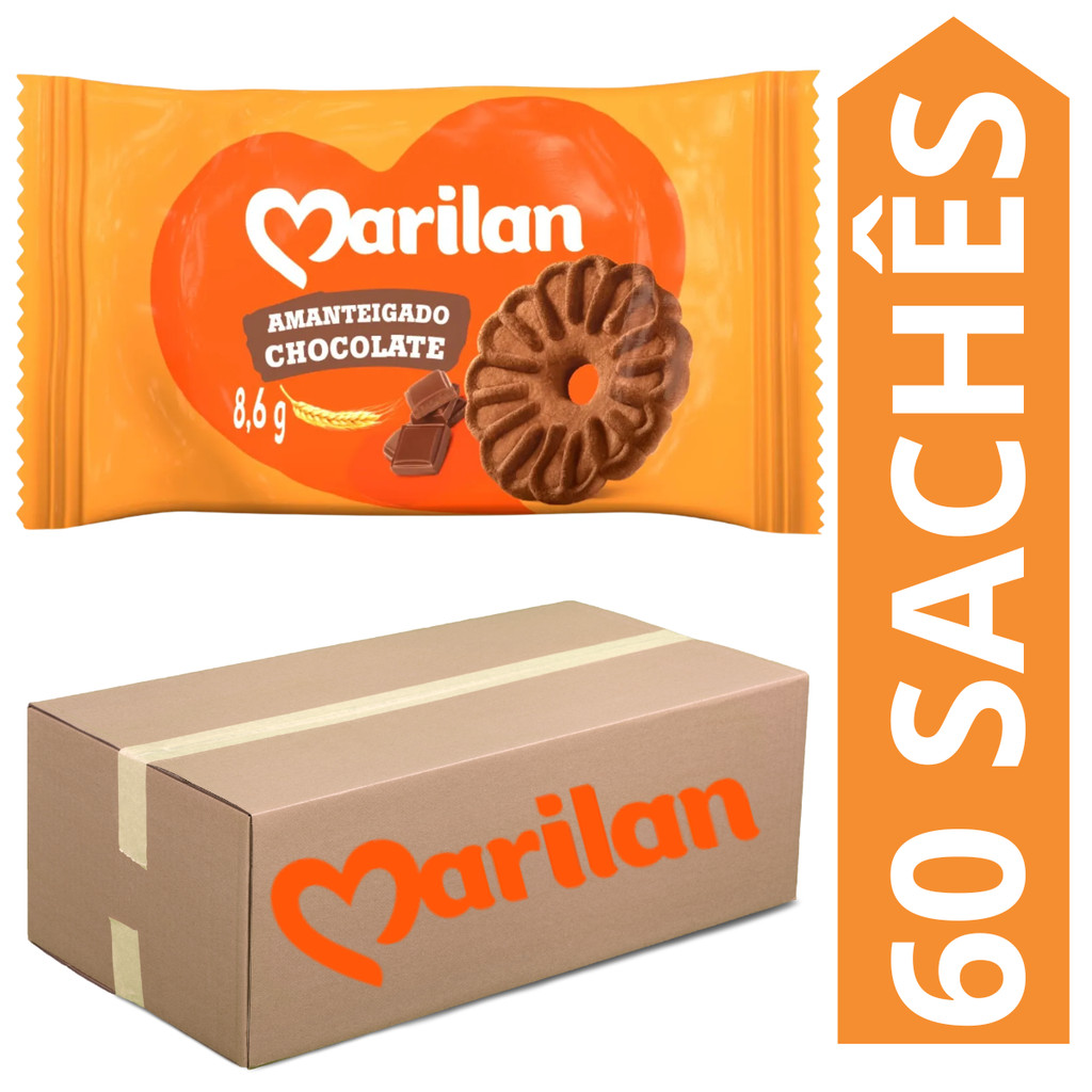 Kit 60 Sachês Biscoito Amanteigado Chocolate Marilan 8,8g