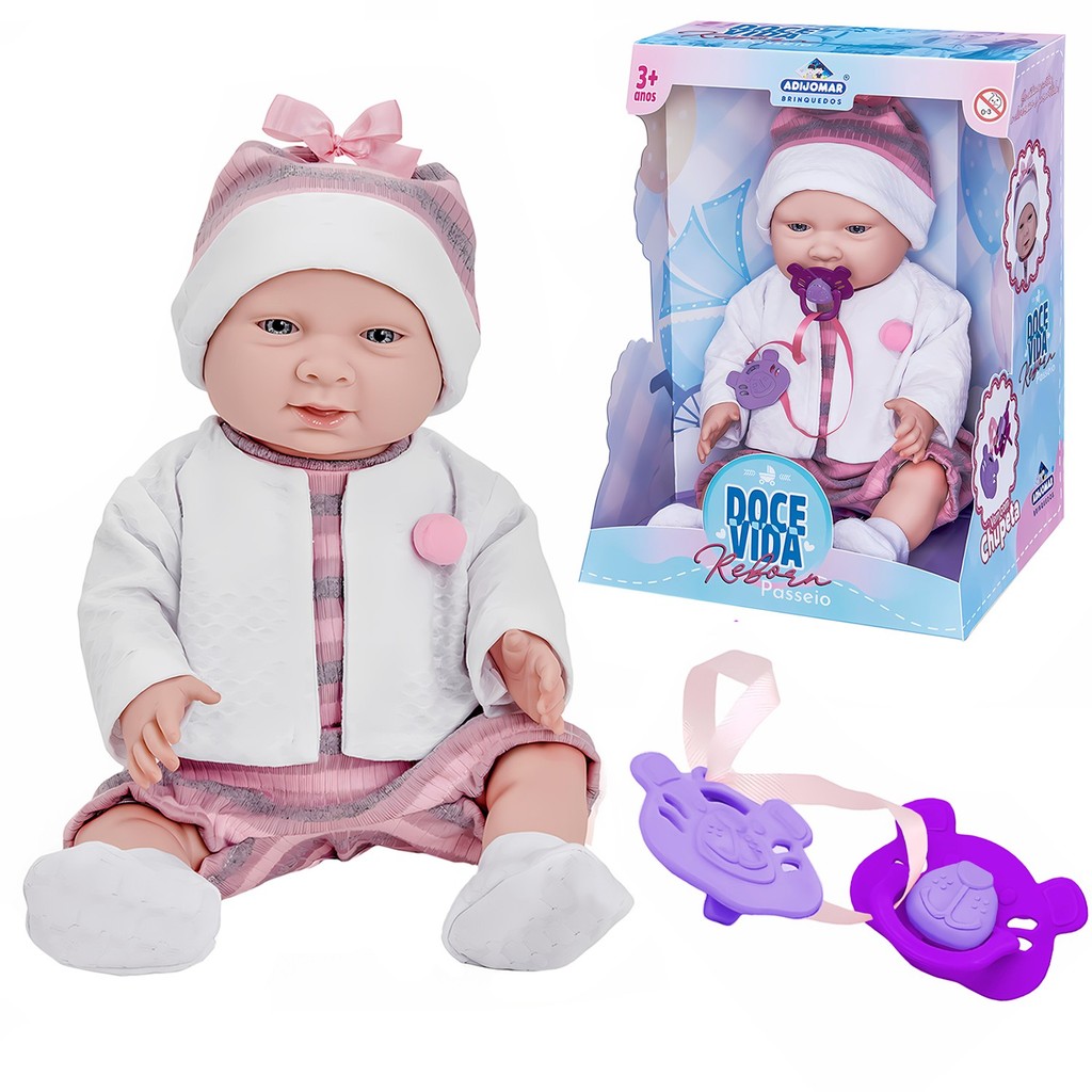Boneca Bebe Reborn Doce Vida Passeio Com Chupeta Mamadeira E Certidão De Nascimento - Adijomar