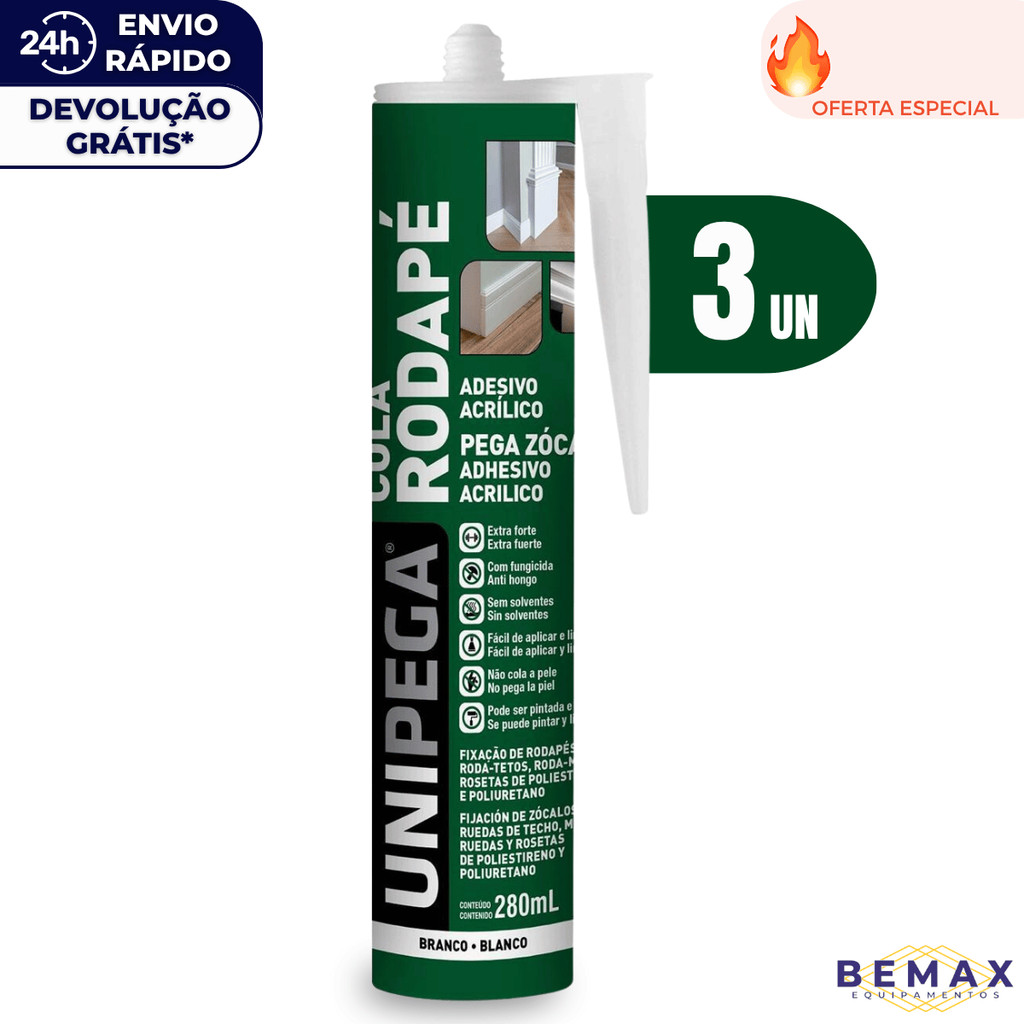 Kit 3 Cola Rodapé Gesso Sanca Roda Teto Madeira Mdf Adesivo Pintavel Cola Extra Forte Fungicida 476g