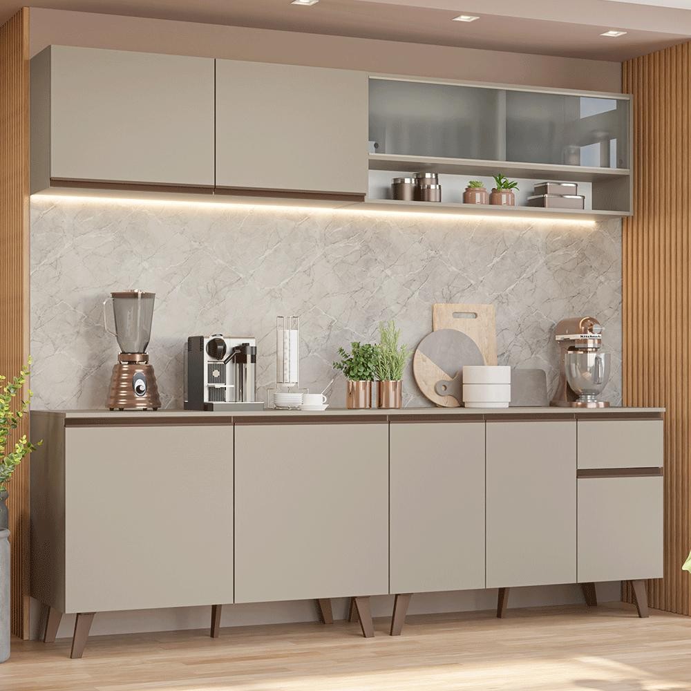 Armário de Cozinha Completa 240 cm Crema Nice Madesa 02 em Oferta na Shopee