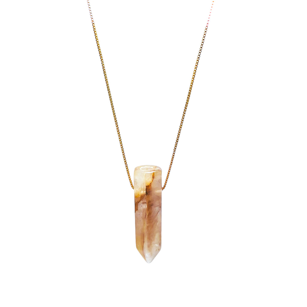 Colar Pingente Perfumeiro Obelisco Pedra Citrino, Banhado a Ouro 18k