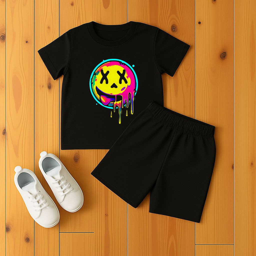 Conjunto  Bermuda Moletinho e Camiseta Algodão para Crianças Estampado Smile Colorido