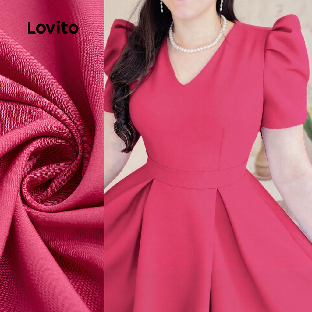 (New) Lovito Estrutura Elegante Do Vestido  Pregas  Linha de Passeio  Primavera/verão  Vermelha rosa L143ED402 em Oferta na Shopee