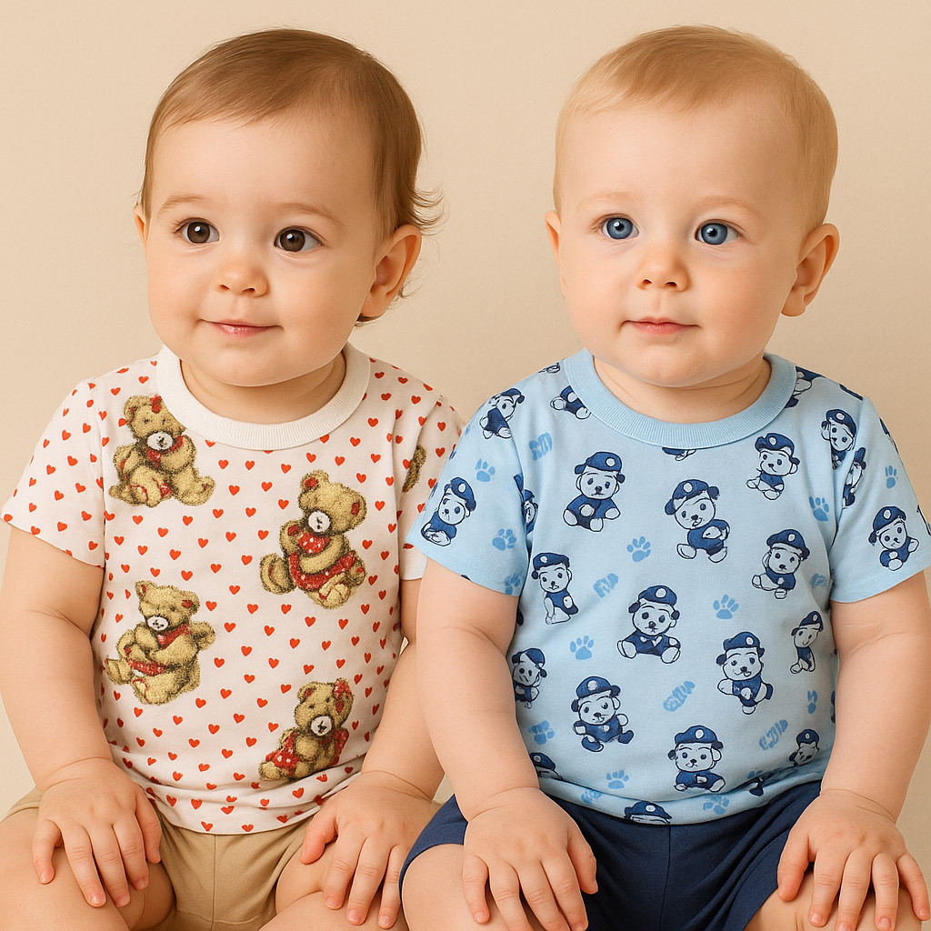 KIT 6 PÇ Camiseta Manga Curta ESTAMPADA 100% Algodão Bebê  Malha Meia Malha Menino E Menina PMG