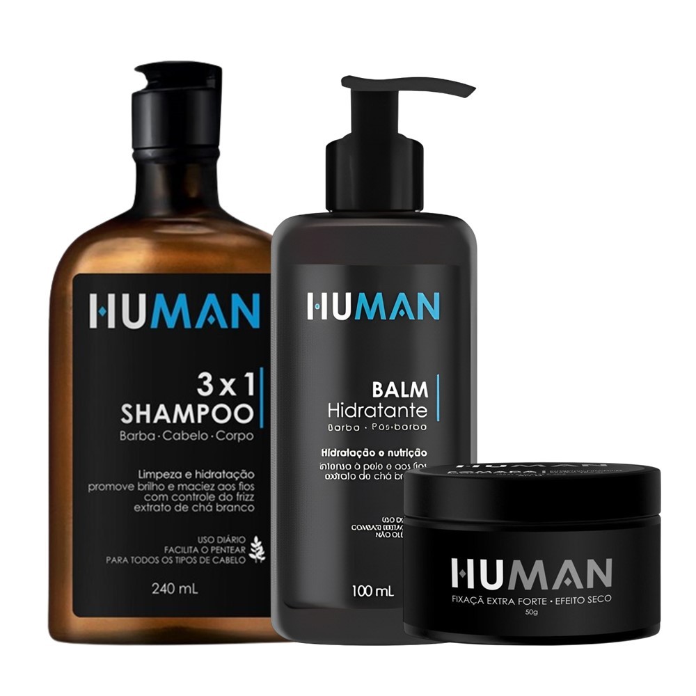 Kit Shampoo 3×1 e Creme Balm Pós Barba com Pomada Modeladora Matte Seco Extra Forte Human 50g