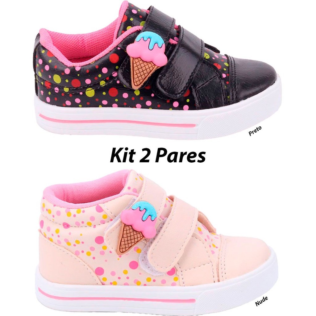 Kit 2 Pares Tênis Infantil Feminino Sorvetinho FanClub – Off White e Preto em Oferta na Shopee