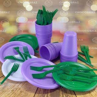 Kit Festa 50 PESSOAS DESCARTAVEIS GARFO + PRATO + COPO (MASHA VERDE BRANCO E LILÁS) em Oferta na Shopee