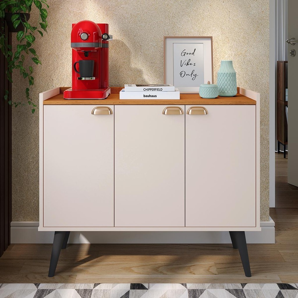 Rack Aparador TRUZZI Cantinho Café Retro Modelo Pés PVC Estilo Retrô 3 Portas com Puxador concha