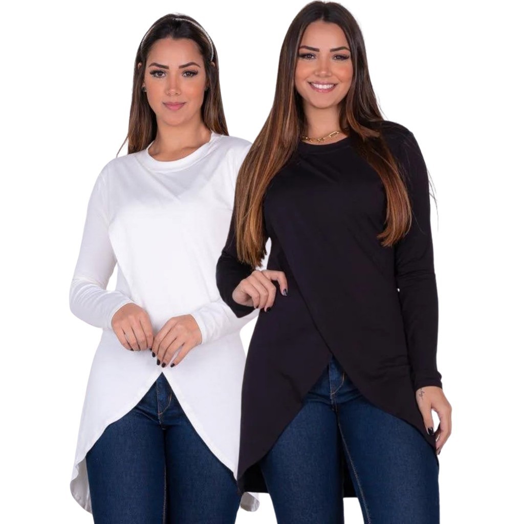 KIT 2 Blusa Casual Fashion Feminina CruzadaAlongada Atras Mullet Manga Longa Confortável Dia a Dia Elegante Básica