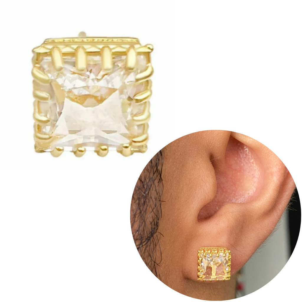 Brinco Masculino Quadrado de Ouro 18k Unidade Catedral com Brilhante 10mm Banhado a Ouro