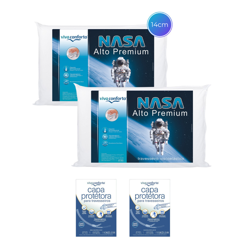 Kit 2 Travesseiros Nasa Alto Original Viva Conforto Altura 14cm + 2 Capas Protetoras Impermeáveis