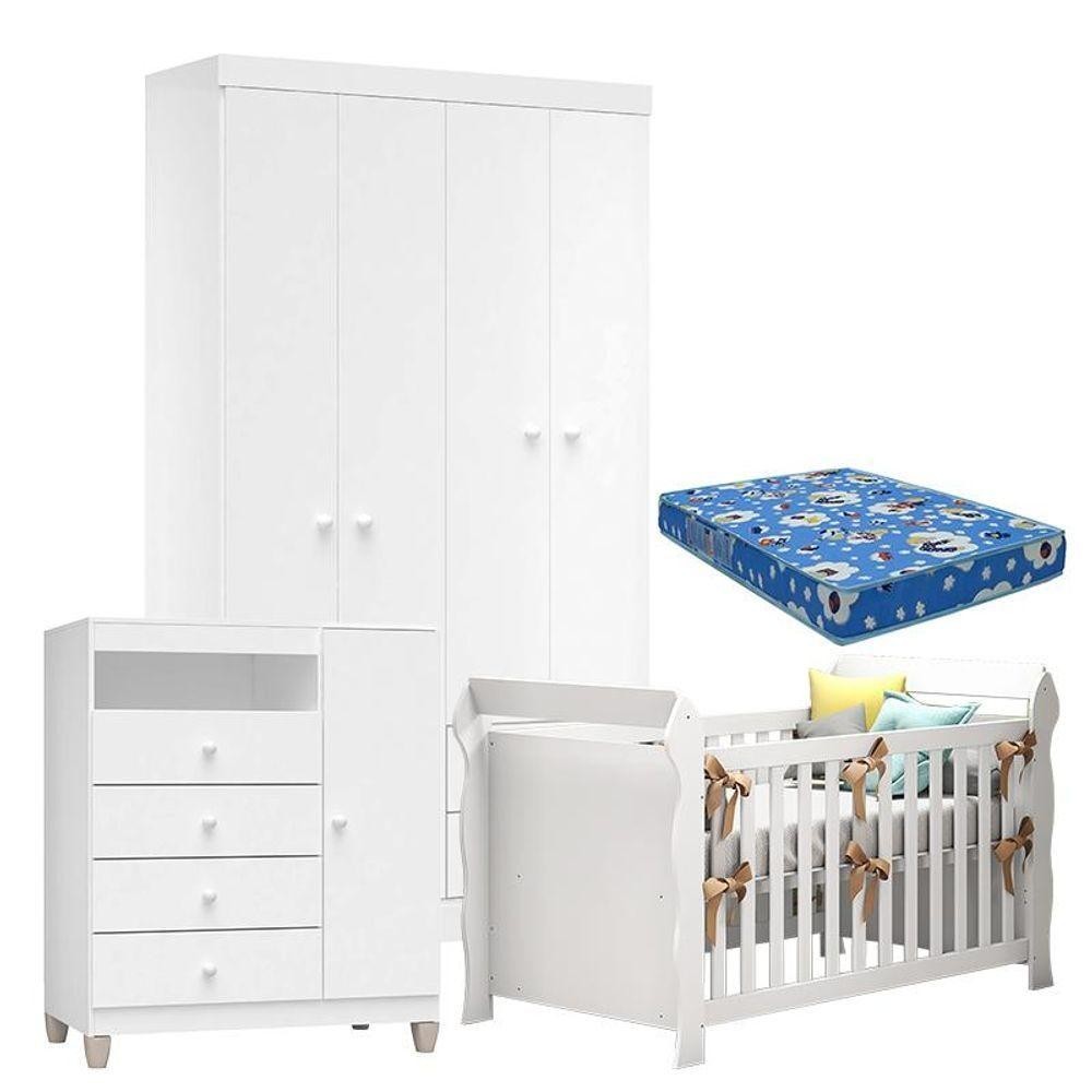 Quarto De Bebê 4 Portas Ternura Baby Com Berço Lara Branco Brilho Com Colchão - Incorplac - Home & Living