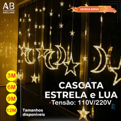 12 Metros Pisca Pisca Fio de Fada LED c/ Cascata de luzes Estrela e Lua 9W Cortina com 8 modos de luz Branco Quente 110V ou 220V
