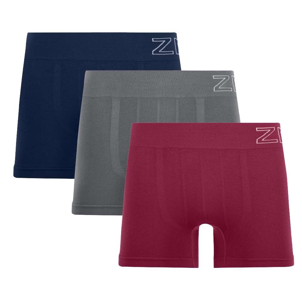Kit 3 Cuecas Boxer Sem Costura Navy | Cinza | Bordo
