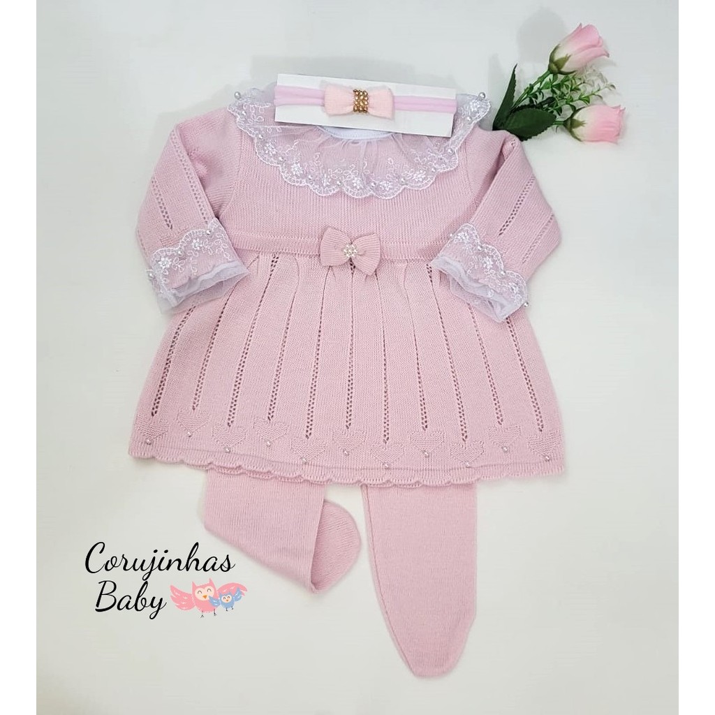 Vestido saída de maternidade rosa lacinho feminina em tricô peças para recém nascido menina