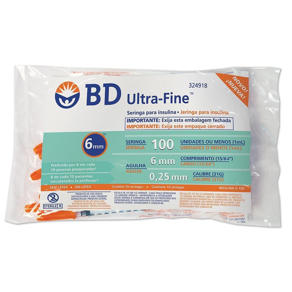 SERINGA PARA INSULINA BD ULTRA-FINE ™ 6 MM DE 100 UI COM 10 UNIDADES